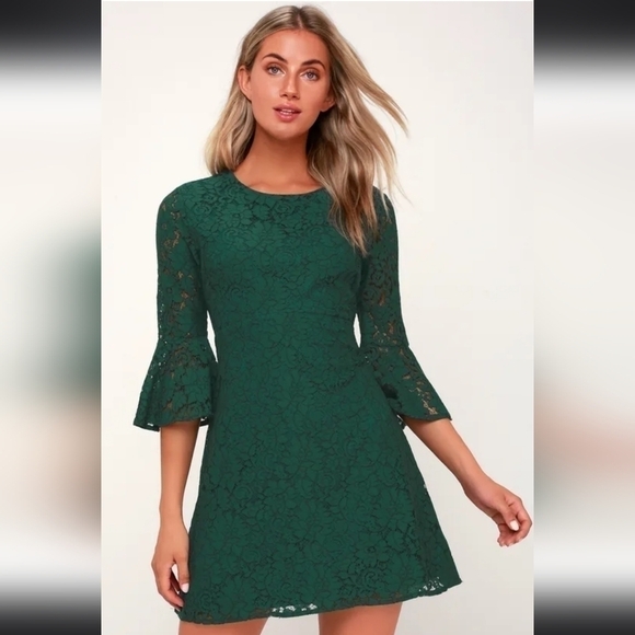 Lulu's Favorite Flair Forest Green Lace Flounce Sleeve Dress - Picture 2 of 13